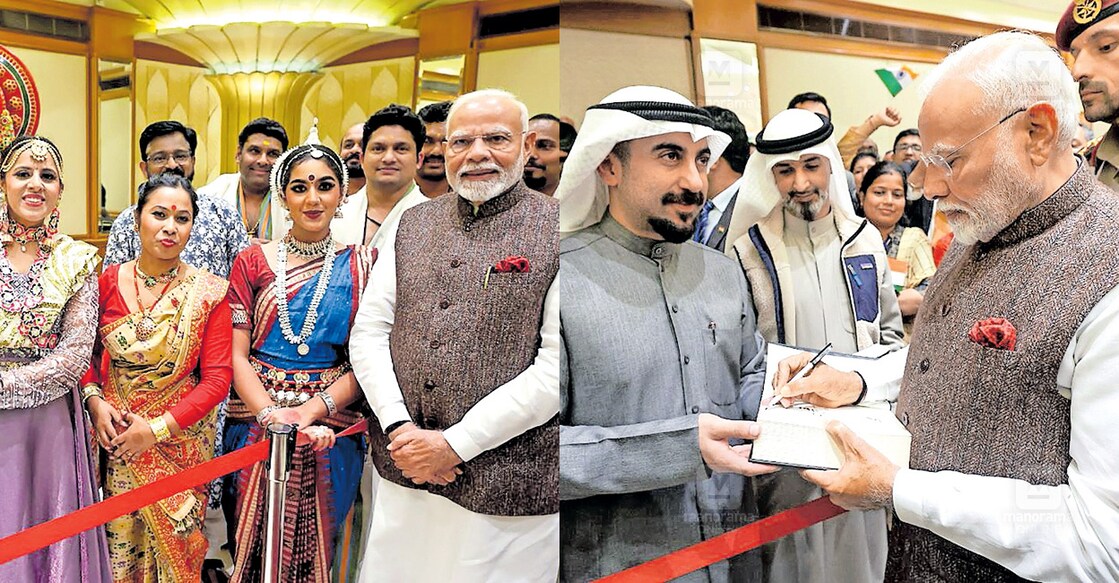 modi-kuwait-visit-hala-modi-event-speech-indian-community-emir 1.കുവൈത്തിലെത്തിയ പ്രധാനമന്ത്രി നരേന്ദ്രമോദിയെ നൃത്തച്ചുവടുകളോടെ സ്വീകരിച്ചാനയിച്ച നർത്തകരുമൊത്ത് ഫോട്ടോയ്ക്ക് പോസ് ചെയ്തപ്പോൾ. 2.മഹാഭാരതത്തിന്റെ അറബിക് പതിപ്പിൽ ഒപ്പുവയ്ക്കുന്ന നരേന്ദ്ര മോദി. രാമായണത്തിന്റെ അറബിക് പതിപ്പിലും മോദി ഒപ്പുവച്ചു.