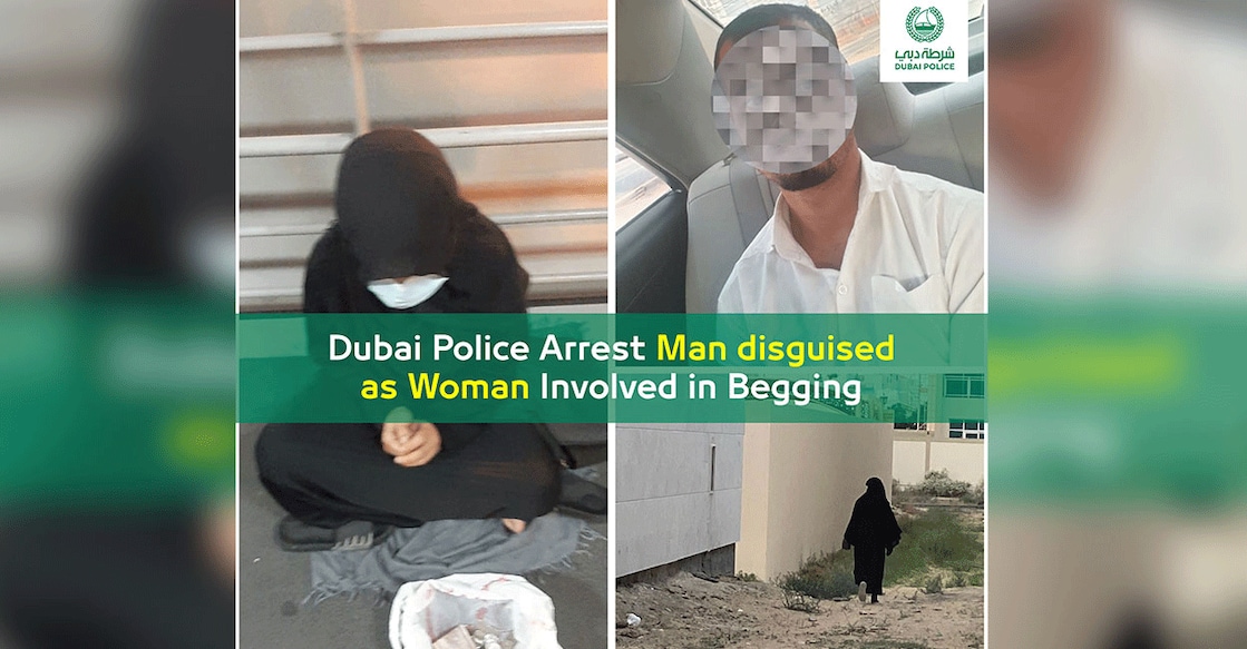 dubai-man-disguised-as-woman-arrested-for-begging സ്ത്രീവേഷം ധരിച്ച് ഭിക്ഷ യാചിക്കുമ്പോൾ പിടിയിലായ ആൾ. Credit: Dubai Police
