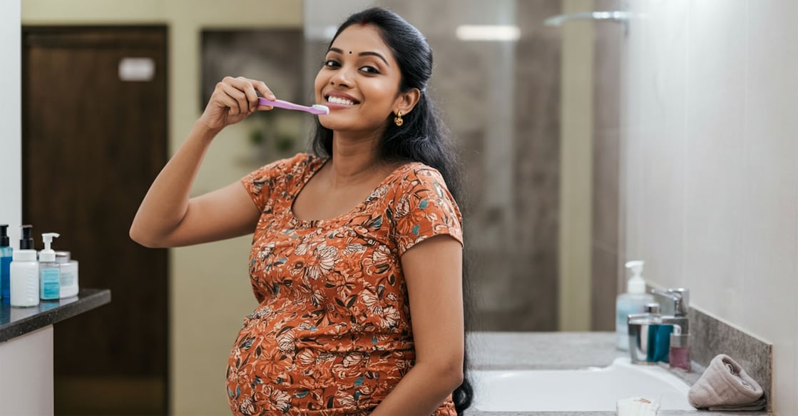 pregnant-woman-brushing-oral-health-ai-image AI Generated Image