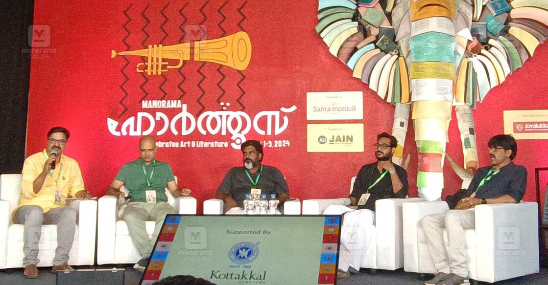 ഹോർത്തൂസ് വേദിയിൽ 'എഴുത്തിലെ കുറ്റാന്വേഷണം' ചർച്ചയിൽ പങ്കെടുക്കുന്ന മലയാളത്തിലെ പ്രമുഖ എഴുത്തുകാർ. ജി.ആർ. ഇന്ദുഗോപൻ, റിഹാൻ റാഷിദ്, മജീദ് സെയ്ദ്, കെ.വി. മണികണ്ഠൻ,  എന്നിവർ 