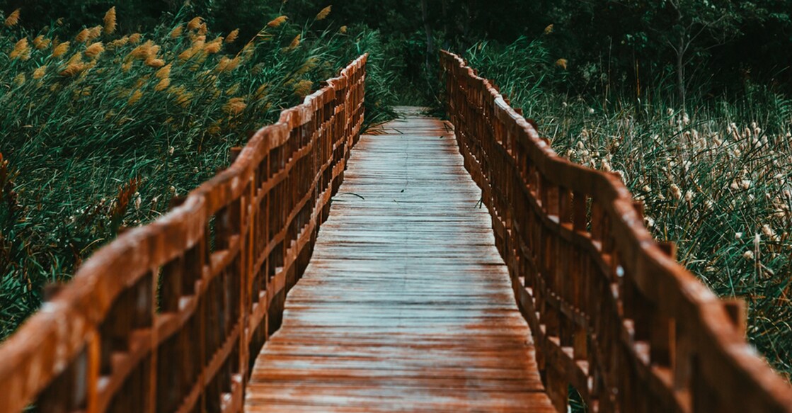 2329356809 Walkway or walkpath in lake or Small wooden bridge cross over the pond in garden park.