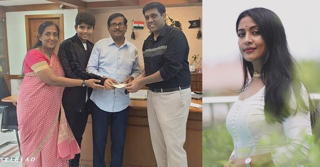 നവ്യ നായരുടെ അച്ഛനും അമ്മയും മകനും കൊച്ചി കലക്‌ടർക്കു തുക കൈമാറുന്നു, നവ്യ നായർ