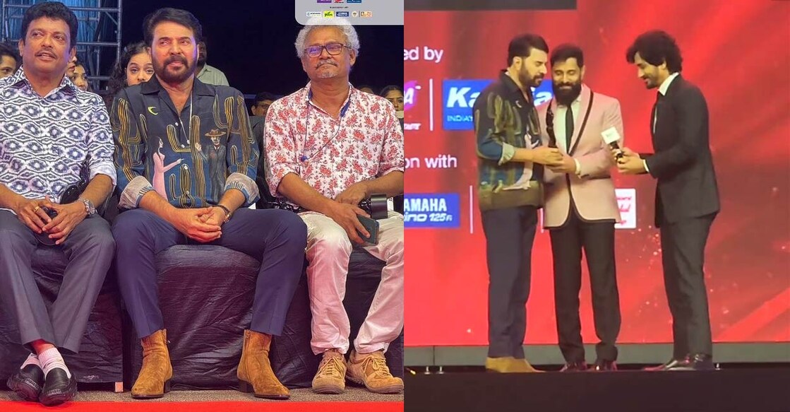ജഗദീഷ്, അൻവർ അലി എന്നിവർക്കൊപ്പം മമ്മൂട്ടി, ഫിലിംഫെയർ പുരസ്കാരം ഏറ്റുവാങ്ങുന്ന താരം (Photo: Instagram/@filmfare)