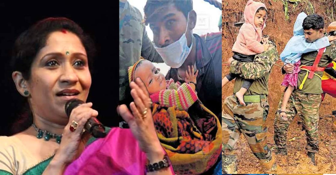 sujatha-landslide സുജാത മോഹൻ (ഫെയ്സ്ബുക്),
(1) ചൂരൽമലയിൽ മലമുകളിൽ കുടുങ്ങിയവരെ രക്ഷാപ്രവർത്തകർ സുരക്ഷിതസ്ഥാനത്തേക്കു മാറ്റുന്നു. (2) ) രക്ഷാകരങ്ങളിൽ: ഉരുൾപൊട്ടലിൽ ഒറ്റപ്പെട്ട് മലമുകളിൽ അഭയംതേടിയ കുട്ടിയെയും കുടുംബത്തെയും ചൂരൽമലയിലെ താൽക്കാലിക പാലത്തിലൂടെ സൈന്യം സുരക്ഷിത സ്ഥലത്തേക്ക് മാറ്റുന്നു. ചിത്രം: ജിതിന് ജോയല് ഹാരിം /മനോരമ