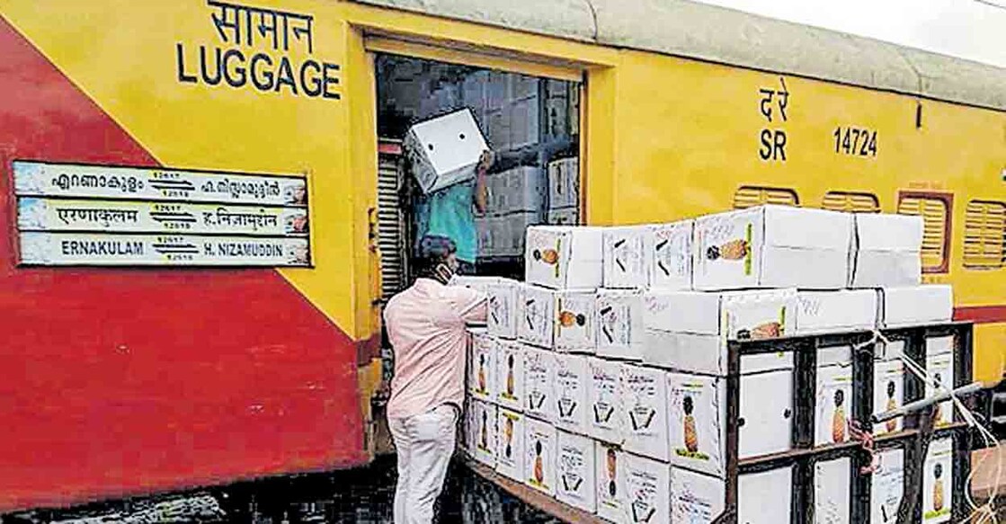 pineapple-train-journey വാഴക്കുളത്തു നിന്നുള്ള പൈനാപ്പിൾ ഡൽഹിയിലേക്കു കൊണ്ടുപോകാനായി ട്രെയിനിൽ കയറ്റുന്നു.