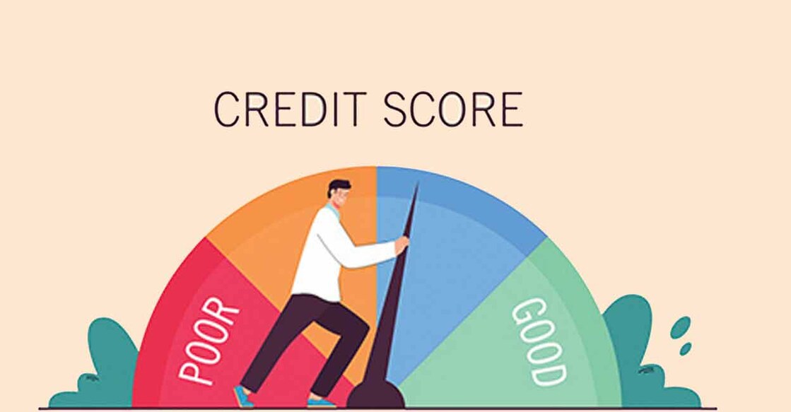 Businessman pushing credit score speedometer from poor to good