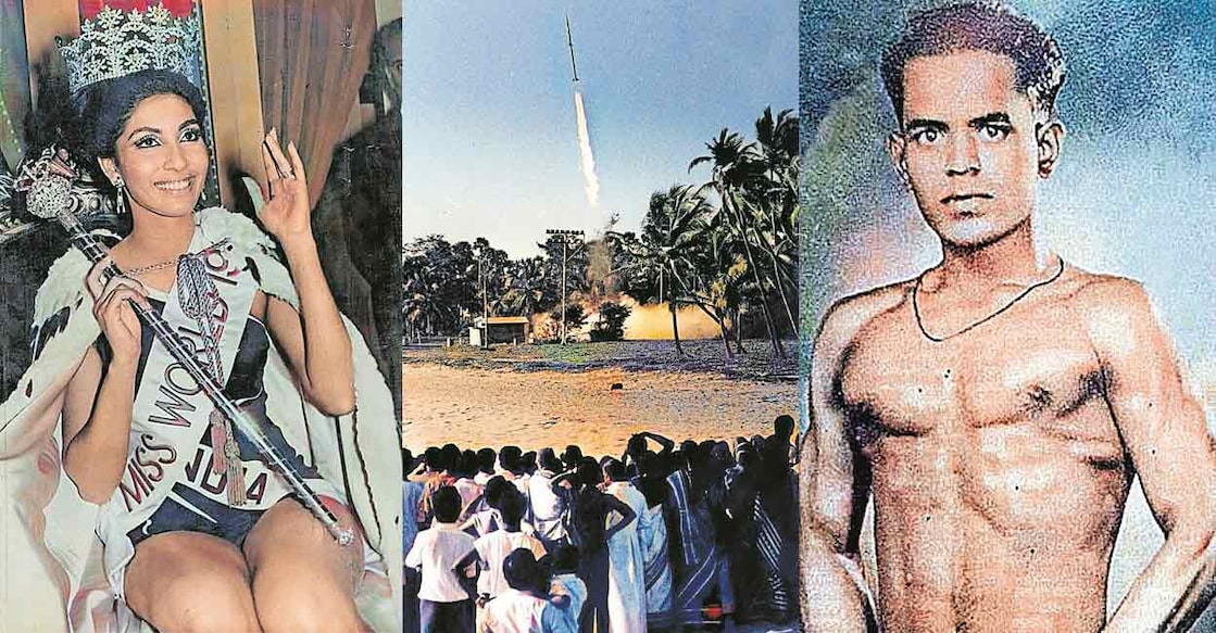 Reita Faria, 1963 Rocket Launch, KD Jadhav 1966ൽ ലോകസുന്ദരിയായ റീത്ത ഫാരിയ, 1963 നവംബർ 21ന് തുമ്പയിൽനിന്നു റോക്കറ്റ് വിക്ഷേപിക്കുന്നു, 1948ൽ 54 കിലോഗ്രാം ഫ്രീസ്റ്റൈൽ വിഭാഗത്തിലൂടെ ഇന്ത്യയുടെ ആദ്യ വ്യക്തിഗത ഒളിംപിക് മെഡൽ നേടിയ കെ.ഡി.യാദവ്.