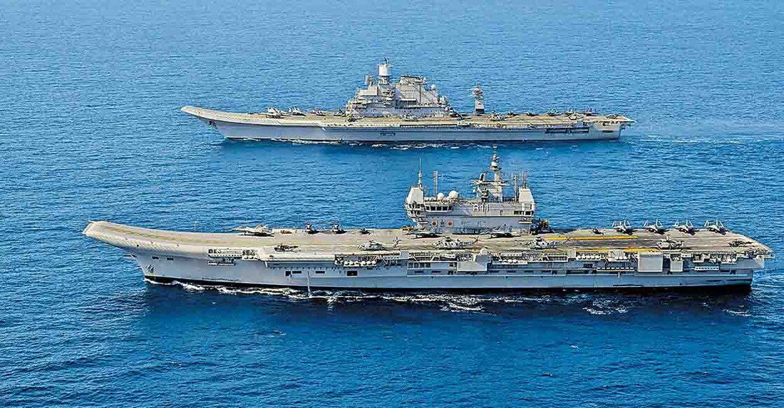 PTI06_10_2023_000144B **EDS: IMAGE VIA INDIAN NAVY ON SATURDAY, JUNE 10, 2023** Indian Ocean: The Indian Navy showcased its formidable maritime capabilities with a spectacular display of multi-carrier operations and the coordinated deployment of more than 35 aircraft in the Arabian Sea. The exercise involved seamless integration of two Aircraft Carriers INS Vikramaditya and the indigenously built INS Vikrant. (PTI Photo) (PTI06_10_2023_000144B)