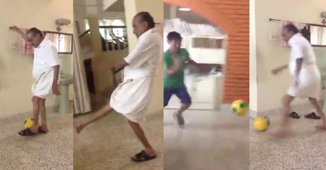 km-mani-football വീട്ടിൽ കുട്ടികളുമായി ഫുട്ബോൾ കളിക്കുന്ന കെ.എം.മാണി