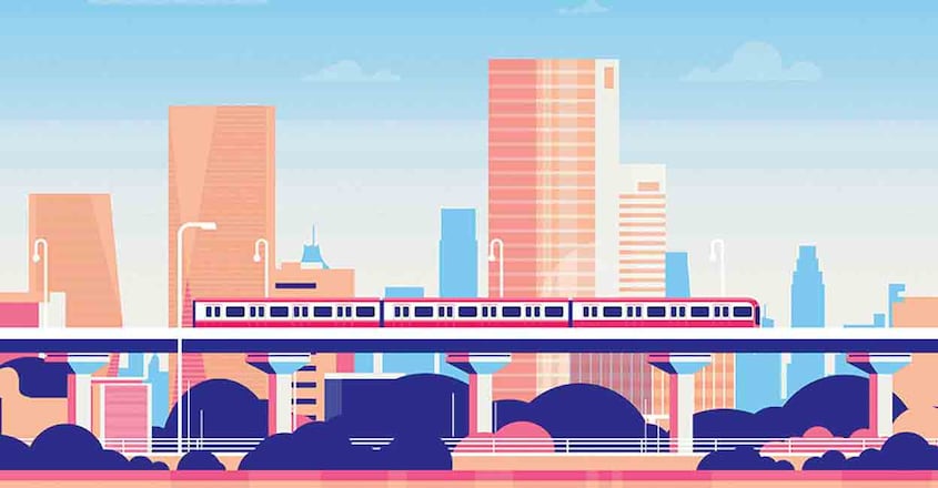 Subway over city skyscraper view cityscape background skyline flat banner, Subway over city skyscraper view cityscape background skyline flat banner Subway over city skyscraper view cityscape background skyline flat banner, Subway over city skyscraper view cityscape background skyline flat banner