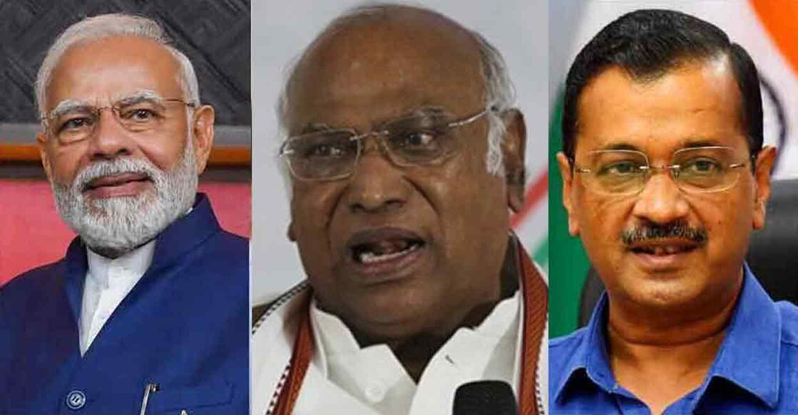 Narendra Modi, Mallikarjun Kharge, Arvind Kejriwal നരേന്ദ്ര മോദി, മല്ലികാര്ജുന് ഖര്ഗെ, അരവിന്ദ് കേജ്രിവാൾ. Photo: Manorama News