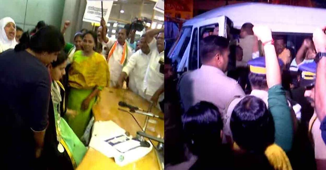 thiruvananthapuram corporation തിരുവനന്തപുരം കോർപറേഷനിലെ പ്രതിഷേധം (ഇടത്), കൗൺസിലർമാരെ അറസ്റ്റ് ചെയ്തപ്പോൾ (വലത്). Photo: Manorama News
