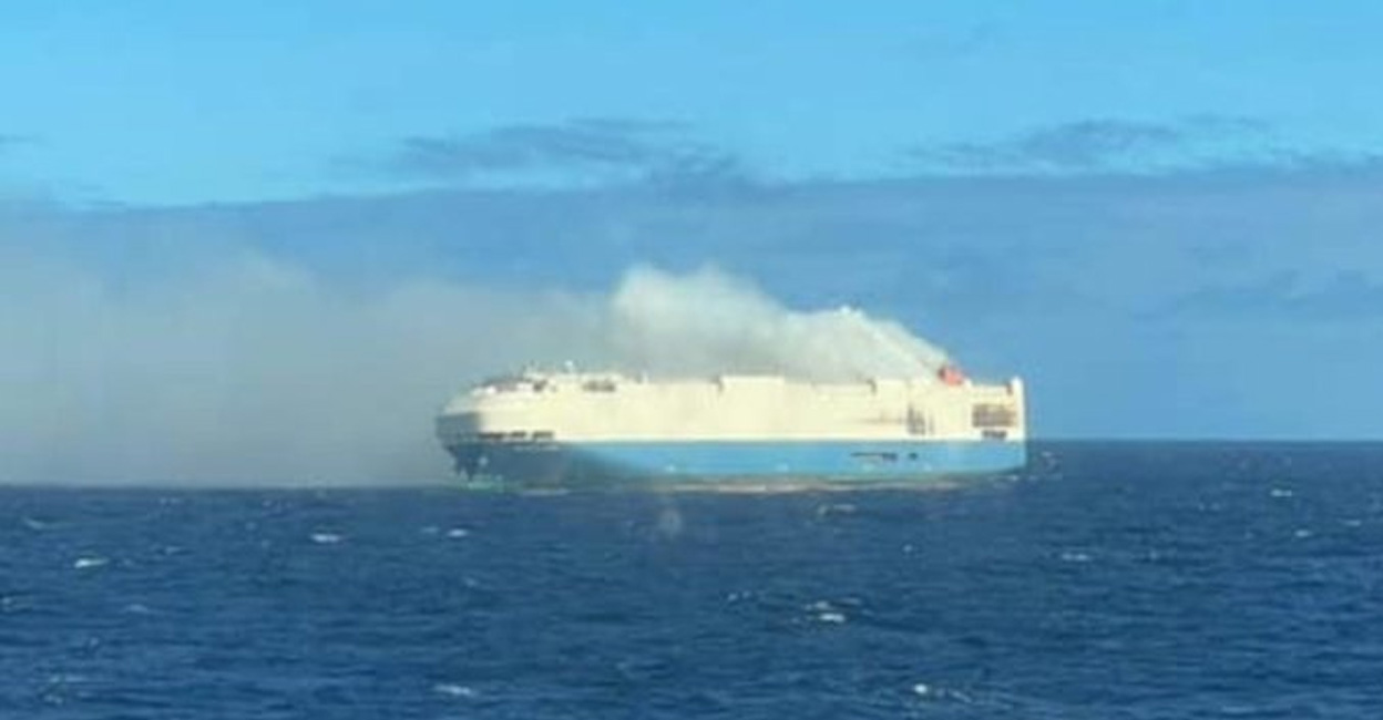 Cargo ship on fire with luxury vehicles Cargo ship Atlantic Ocean