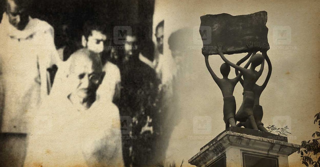 വൈക്കം സത്യഗ്രഹത്തിൽ പങ്കെടുക്കാനായി ഗാന്ധിജി എത്തിയപ്പോൾ (ഇടത്-ചിത്രത്തിനു കടപ്പാട്: കൃഷ്ണന്‍ നായർ സ്റ്റുഡിയോ ആർക്കൈവ്സ്), വൈക്കം സത്യഗ്രഹ സ്മാരകം (വലത്).- Manorama Online Creative