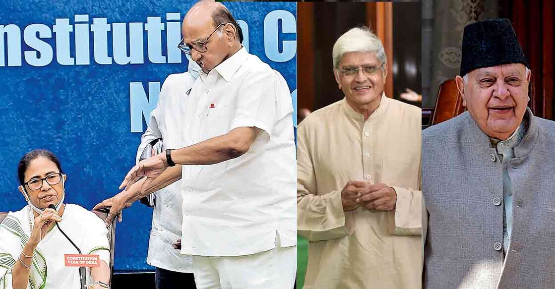 mamata-banerjee-shard-pawar-gopalkrishna-gandhi-and-farooq-abdullah (1) സമയമായില്ല... രാഷ്ട്രപതി തിരഞ്ഞെടുപ്പിൽ പ്രതിപക്ഷത്തിന്റെ സ്ഥാനാർഥിയെ നിശ്ചയിക്കാനുള്ള യോഗത്തിനു ശേഷം വാർത്ത സമ്മേളനത്തിനെത്തിയ എൻസിപി അധ്യക്ഷൻ ശരദ് പവാർ സമയം നോക്കുന്നു. ബംഗാൾ മുഖ്യമന്ത്രി മമത ബാനർജി സമീപം. ചിത്രം: മനോരമ (2) ഗോപാൽകൃഷ്ണ ഗാന്ധി, (3) ഫാറൂഖ് അബ്ദുല്ല