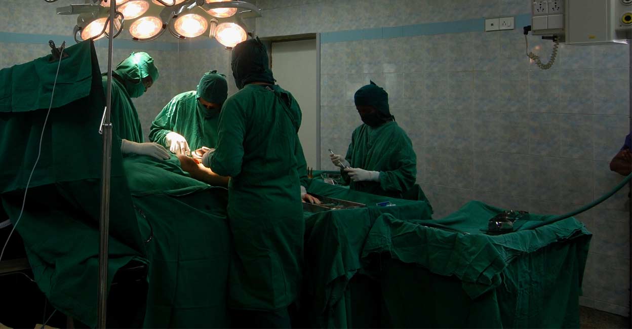 After the surgery, the abdomen was sutured with surgical material
