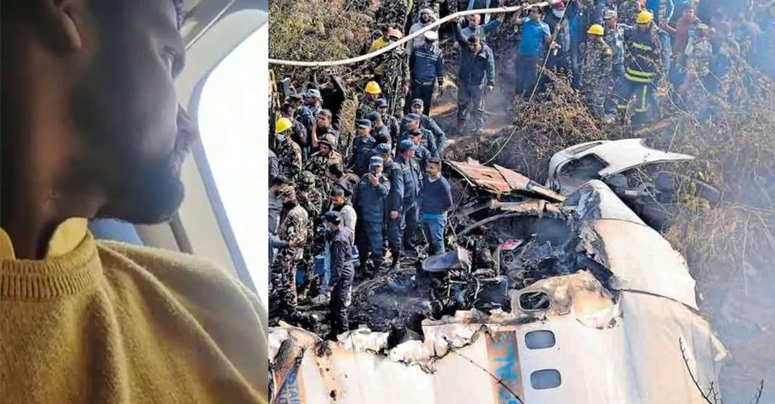 nepal-plane-crash-1602 സോനു ജയ്സ്വാൾ വിമാനത്തിൽനിന്ന് ചെയ്ത് എഫ്ബി ലൈവിൽനിന്ന് (ഇടത്), അപകടസ്ഥലത്തെ രക്ഷാപ്രവർത്തനം (വലത്)