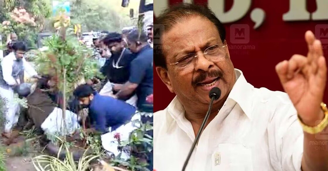 കല്യാശേരി മണ്ഡലത്തിലെ പഴയങ്ങാടി എരിപുരത്ത് നവകേരള ബസിനെതിരെ കരിങ്കൊടി കാണിച്ച പ്രതിഷേധക്കാരെ മർദിക്കുന്നവർ (ഇടത്), കെ.സുധാകരൻ (വലത്)