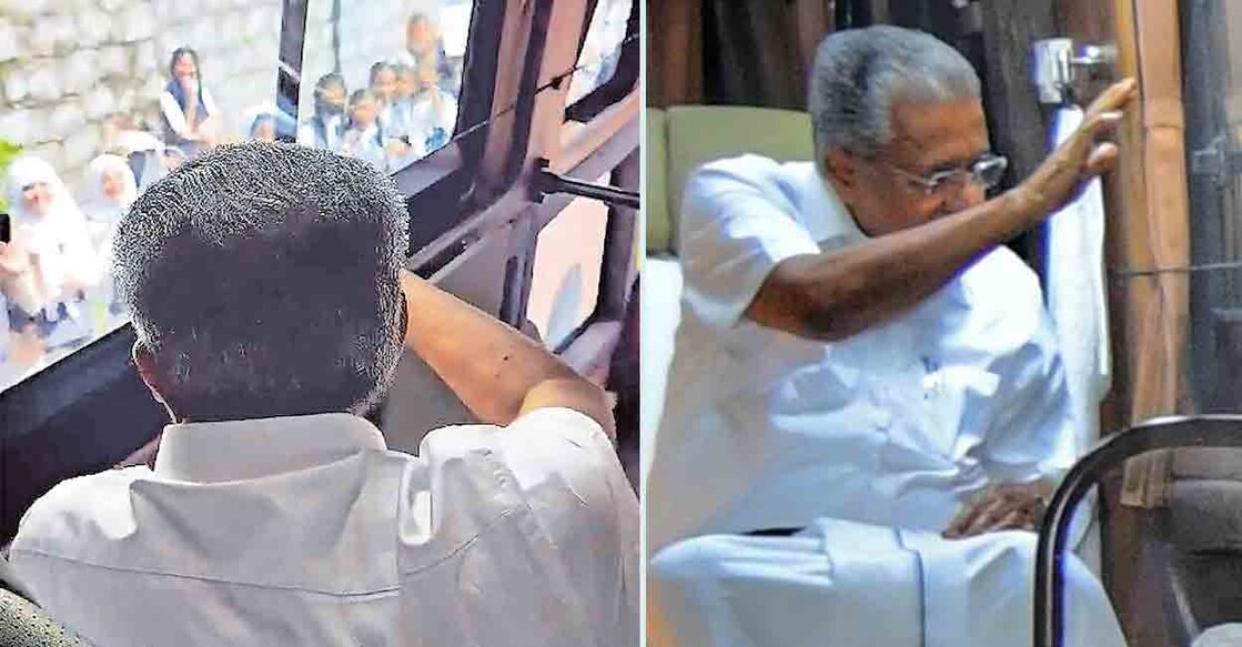 (1) മുഖ്യമന്ത്രി പിണറായി വിജയൻ വഴിയരികിൽ കാത്തുനിൽക്കുന്ന വിദ്യാർഥികളെ അഭിവാദ്യം ചെയ്യുന്നു (മുഖ്യമന്ത്രിയുടെ വാട്സാപ് ചാനലിൽ പങ്കുവച്ച വിഡിയോയിൽനിന്ന്). (2) പിണറായി വിജയൻ
