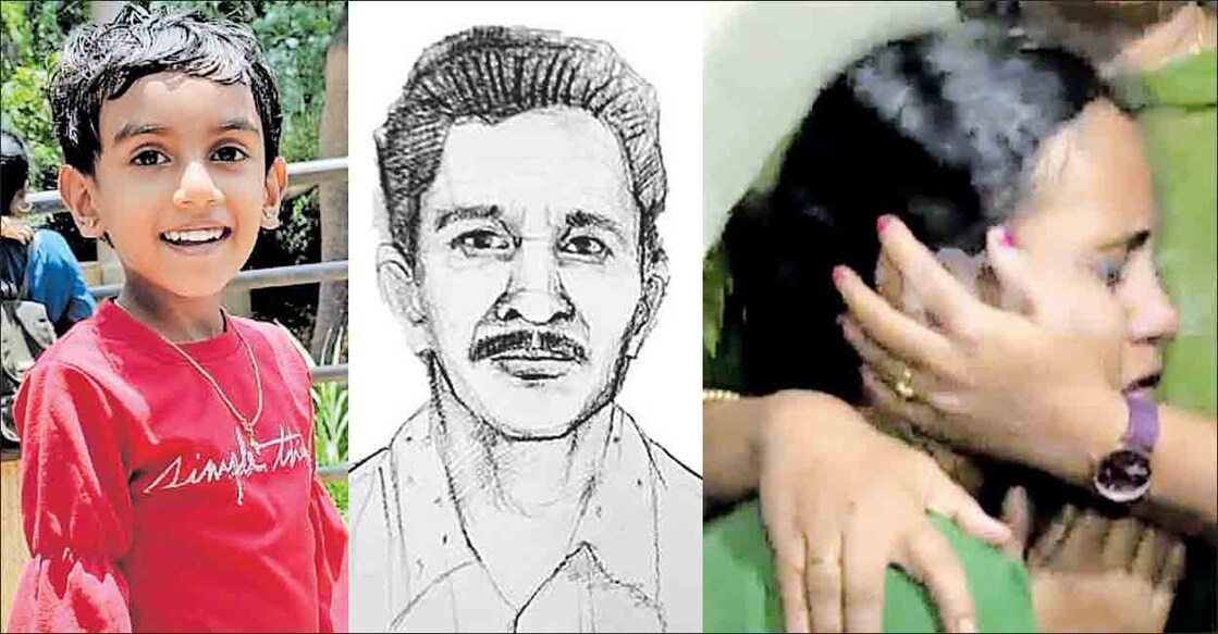 (1) അബിഗേൽ (2) പാരിപ്പള്ളിയിലെ കടയിൽ സ്ത്രീക്കൊപ്പം എത്തിയെന്നു സംശയിക്കുന്നയാളുടെ രേഖാചിത്രം (പൊലീസ് പുറത്തുവിട്ടത്) (3) അബിഗേലിന്റെ അമ്മ സിജിയെ ആശ്വസിപ്പിക്കുന്ന ബന്ധുക്കൾ.