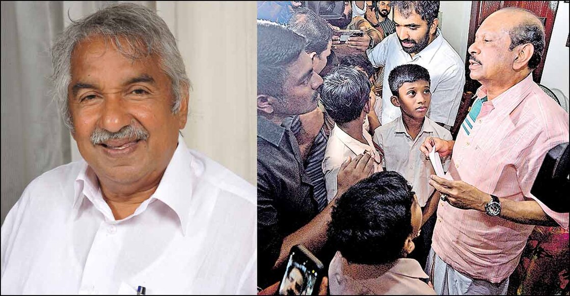 (1) ഉമ്മൻ ചാണ്ടി (2) മുൻമുഖ്യമന്ത്രി ഉമ്മൻ ചാണ്ടിയുടെ വേർപാടിൽ അനുശോചിക്കാനും വീട്ടുകാരെ ആശ്വസിപ്പിക്കാനും പുതുപ്പള്ളിയിലെ  ഉമ്മൻ ചാണ്ടിയുടെ ബന്ധുവീട്ടിൽ എത്തിയ ലുലു ഗ്രൂപ്പ് ചെയർമാനും വ്യവസായിയുമായ എം.എ യൂസഫലി, തന്നെ കാണാനെത്തിയ എറികാട് ഗവ.യുപി സ്കൂളിലെ വിദ്യാർഥികളോടും അധ്യാപകരോടും  ബസ് വാങ്ങി നൽകാമെന്ന് ഉറപ്പു നൽകുന്നു. ചിത്രം: മനോരമ  