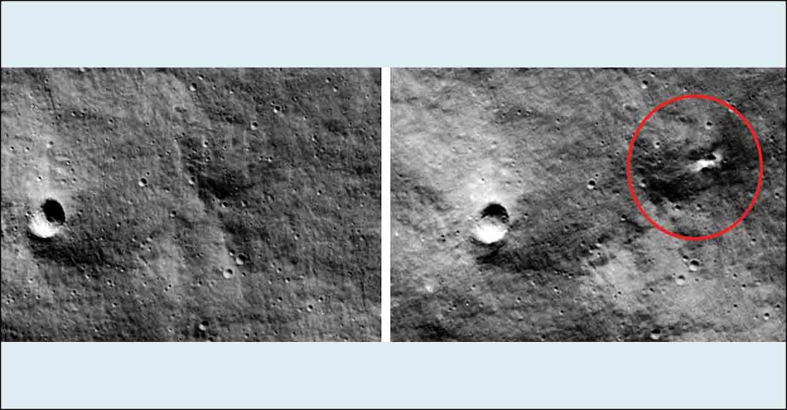 luna (1) ജൂലൈ 27ലെ ചിത്രം. (2) ഓഗസ്റ്റ് 24ലെ ചിത്രം. ലൂണ ഇടിച്ചിറങ്ങിയ ഭാഗം വൃത്തത്തിൽ.