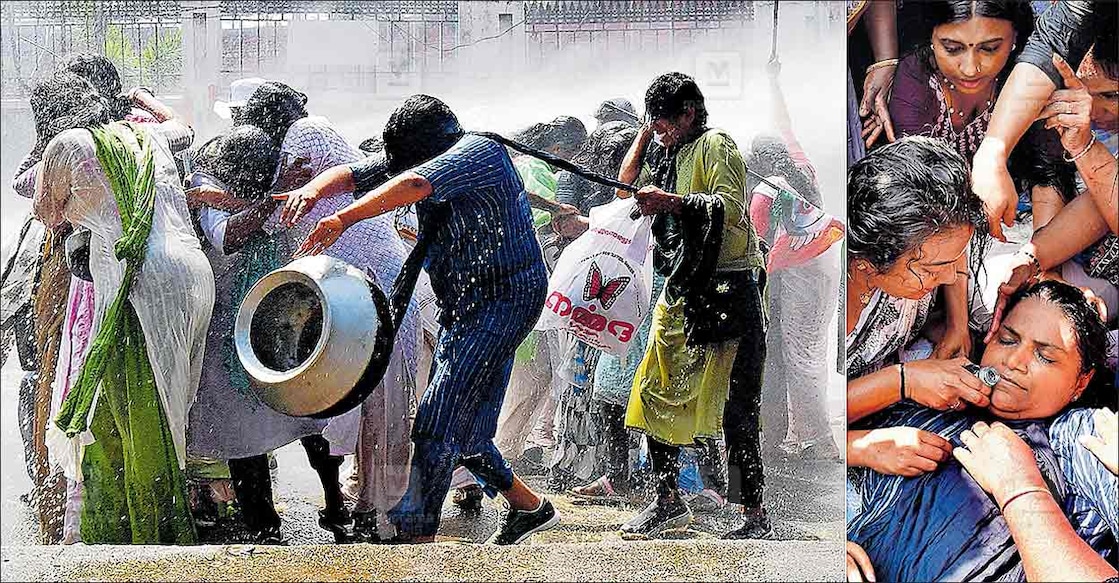 mahila-congress-protest 1. അരി വിലവർധനയിലും മാവേലി സ്റ്റോറുകളിൽ സാധനങ്ങളുടെ ദൗർലഭ്യത്തിലും പ്രതിഷേധിച്ച് മഹിളാ കോൺഗ്രസ് സംസ്ഥാന കമ്മിറ്റി നടത്തിയ നിയമസഭാ മാർച്ചിനിടെ പൊലീസിന്റെ ജലപീരങ്കി പ്രയോഗത്തിൽ സംസ്ഥാന പ്രസിഡന്റ് ജെബി മേത്തർ എംപിയുടെ കയ്യിൽനിന്ന് സമരത്തിനായി കൊണ്ടുവന്ന കലം തെറിച്ചുപോകുന്നു. 2. ജലപീരങ്കി പ്രയോഗത്തിൽ ജെബി മേത്തർ കുഴഞ്ഞുവീണപ്പോൾ. ചിത്രം: ജെ. സുരേഷ്∙ മനോരമ