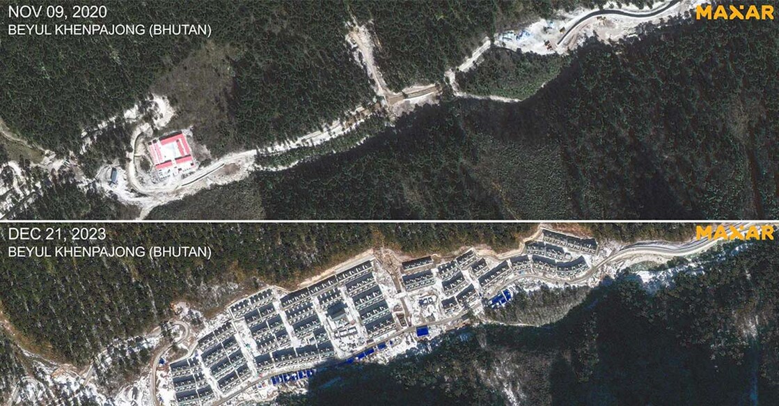 chinas-biggest-land-grab-bhutan ഭൂട്ടാനിൽ ചൈനയുടെ നിർമാണ പ്രവർത്തനങ്ങൾ കാണിക്കുന്ന ഉപഗ്രഹച്ചിത്രം. 2020 നവംബർ (മുകളിൽ), 2023 ഡിസംബർ (താഴെ)