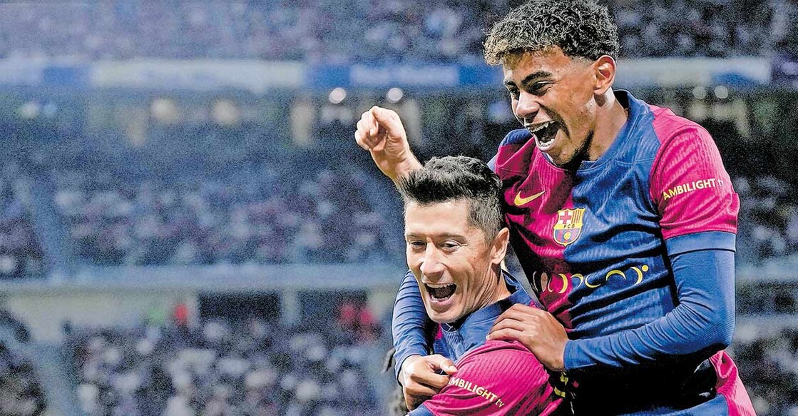 barcelona- റയലിനെതിരെ രണ്ടാം ഗോൾ നേടിയ റോബർട്ട് ലെവൻഡോവ്സ്കി (ഇടത്) സഹതാരം ലമീൻ
യമാലിനൊപ്പം ആഹ്ലാദത്തിൽ.