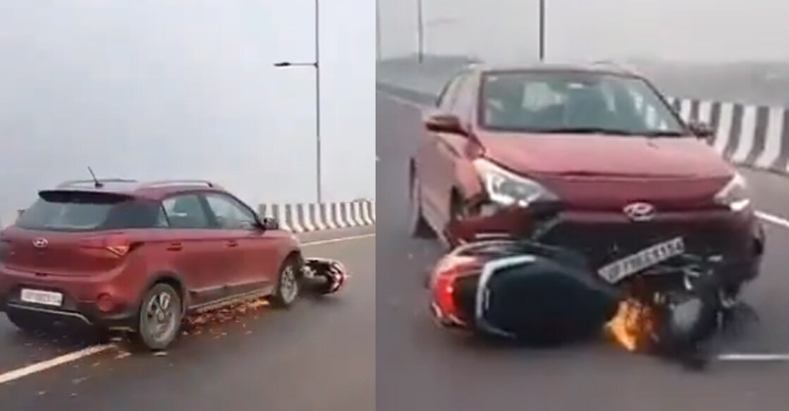 ഇടിച്ച സ്കൂട്ടറിനെയും വലിച്ചിഴച്ച് കാർ മുന്നോട്ടുപോകുന്ന ദൃശ്യം (video grab : @HateDetectors)