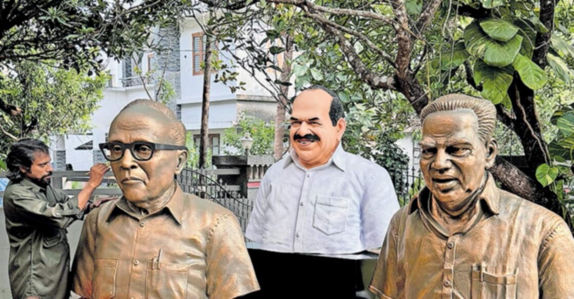 ഇഎംഎസ്, കോടിയേരി ബാലകൃഷ്ണൻ‍, എകെജി എന്നിവരുടെ പ്രതിമകളുടെ മിനുക്കുപണികൾ പൂർത്തിയാക്കുന്ന ശിൽപി 
ഉണ്ണി കാനായി