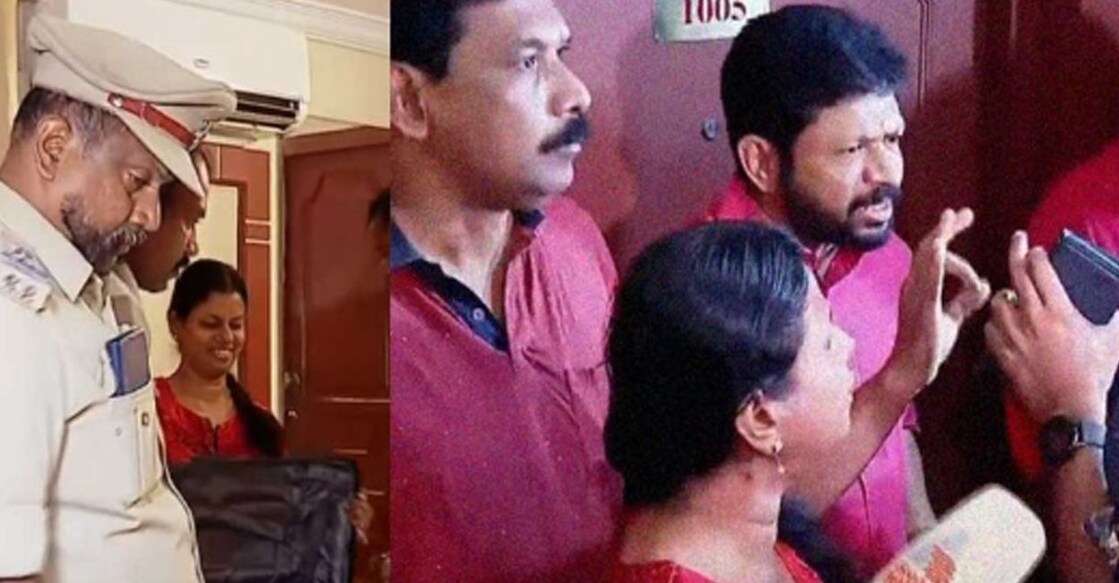 പാലക്കാട് കോൺഗ്രസ് നേതാക്കളുടെ ഹോട്ടൽ മുറികളിൽ പൊലീസ് പരിശോധന നടത്തിയപ്പോൾ. (Videograb:Manorama News)