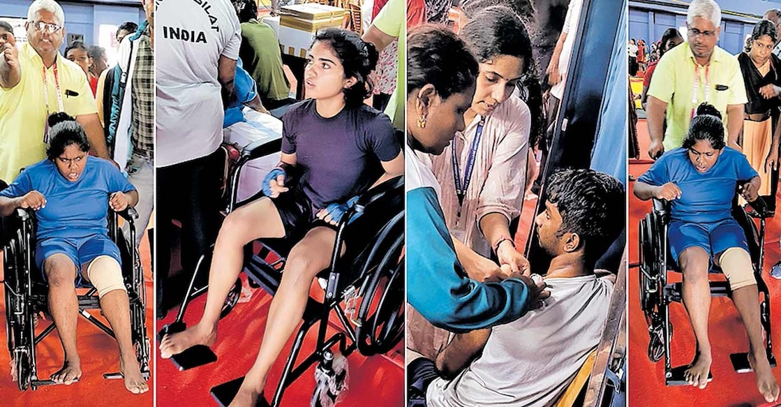 school-sports-games-accident സംസ്ഥാന സ്കൂൾ ഗെയിംസിനോട് അനുബന്ധിച്ചു കോലഞ്ചേരിയിൽ നടന്ന വുഷു മത്സരത്തിനിടെ പരുക്കേറ്റവർക്കു പ്രഥമശുശ്രൂഷ നൽകുന്നതിന്റെ ദൃശ്യങ്ങൾ.