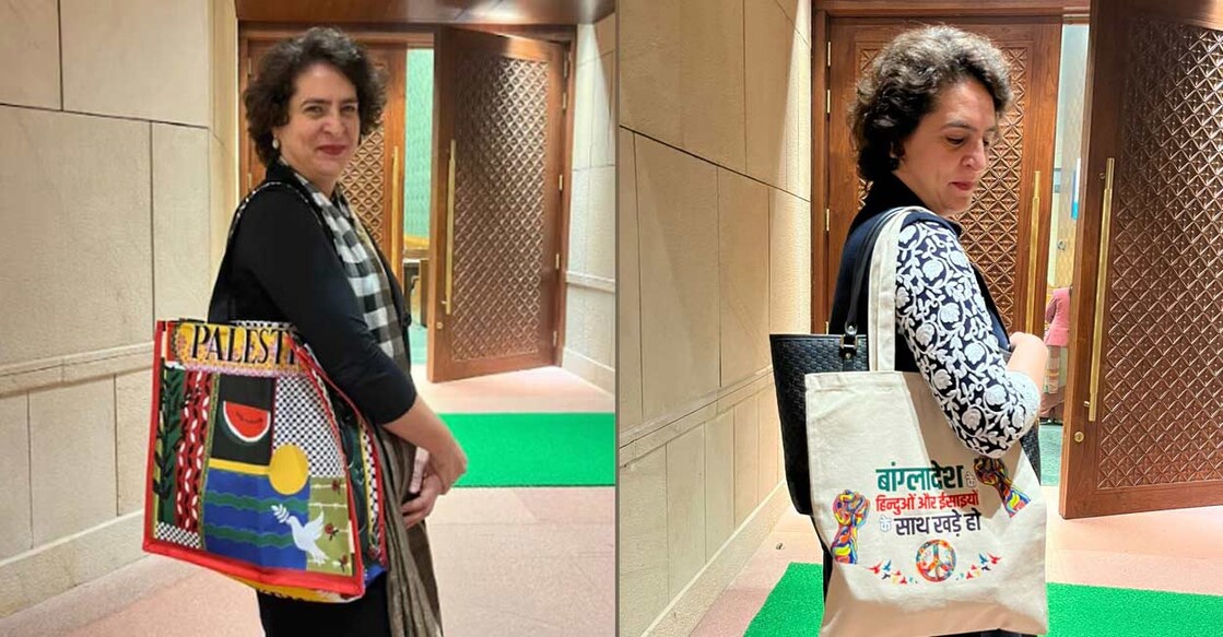 പലസ്തീൻ, ബംഗ്ലദേശ് ഐക്യാദാർഢ്യ ബാഗുകളുമായി പ്രിയങ്ക ഗാന്ധി പാർലമെന്റിൽ എത്തിയ ചിത്രം
