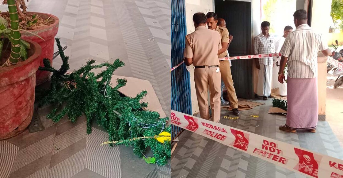 തത്തമംഗലം ജിബിയുപി സ്‌കൂളിലെ പുൽകൂട് തകർത്ത ദൃശ്യം, പോലീസ് പരിശോധന നടത്തുന്നു (Photo Special Arrangement)