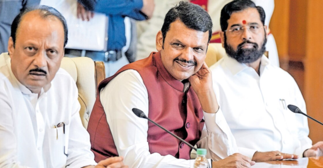 സർക്കാരുണ്ടാക്കാൻ അവകാശവാദമുന്നയിച്ച് മുംബൈയിൽ ഗവർണറുടെ വസതിയിലെത്തിയ അജിത് പവാർ, ദേവേന്ദ്ര ഫഡ്നാവിസ്, ഏക്നാഥ് ഷിൻഡേ എന്നിവർ. ചിത്രം:പിടിഐ