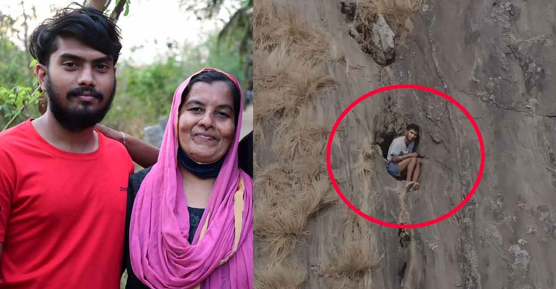(1) ഷാജി, റഷീദ (2) മലമ്പുഴ ചെറാട് കുമ്പാച്ചി മലയിൽ ആർ ബാബു കുടുങ്ങിക്കിടക്കുന്ന ദൃശ്യം (ഫയൽ ചിത്രം)