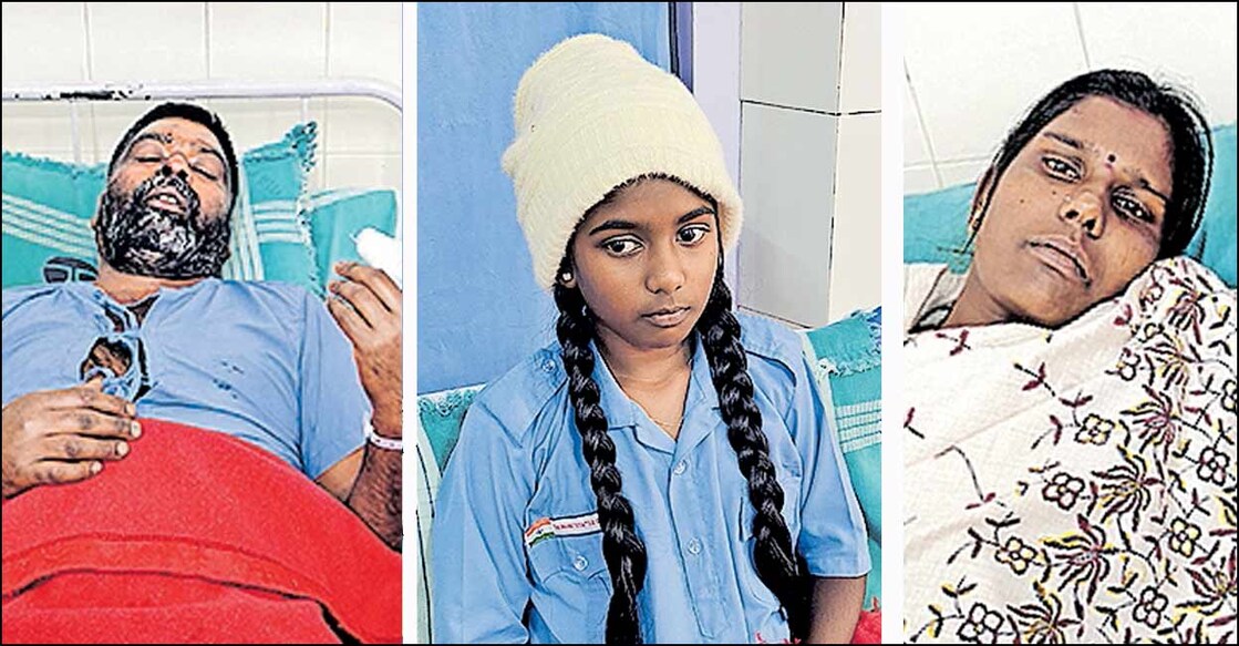1) പരുക്കേറ്റ എസ്.എസക്കി രാജ്, 2) മകൾ പ്രിയ 3) ഭാര്യ റജീന
