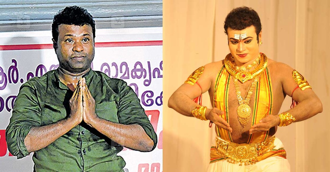 RLV-Ramakrishnan- 1) ആർഎൽവി രാമകൃഷ്ണൻ പ്രതിഷേധസൂചകമായി ഇന്നലെ രാത്രി ചാലക്കുടിയിൽ അവതരിപ്പിച്ച മോഹിനിയാട്ടം. ചിത്രം : മനോരമ 2) ആർഎൽവി രാമകൃഷ്ണൻ