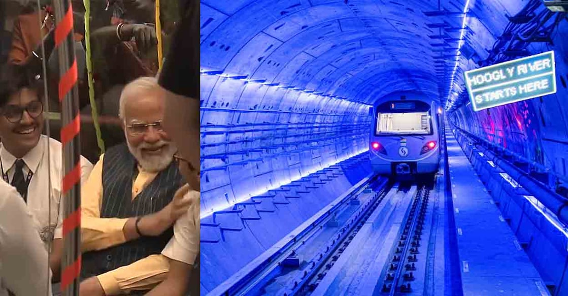 modi-under-water-metro-tunnel ഉദ്ഘാടനം നിർവഹിച്ച ശേഷം പ്രധാനമന്ത്രി നരേന്ദ്ര മോദി സ്കൂൾ വിദ്യാർഥികൾക്കൊപ്പം അണ്ടർ വാട്ടർ മെട്രോ ട്രെയിനിൽ യാത്ര ചെയ്യുന്നു, അണ്ടർ വാട്ടർ ടണലിലൂടെ കടന്നുപോകുന്ന മെട്രോ ട്രെയിൻ (ഇന്ത്യൻ റെയിൽവേ പുറത്തുവിട്ട ചിത്രം)