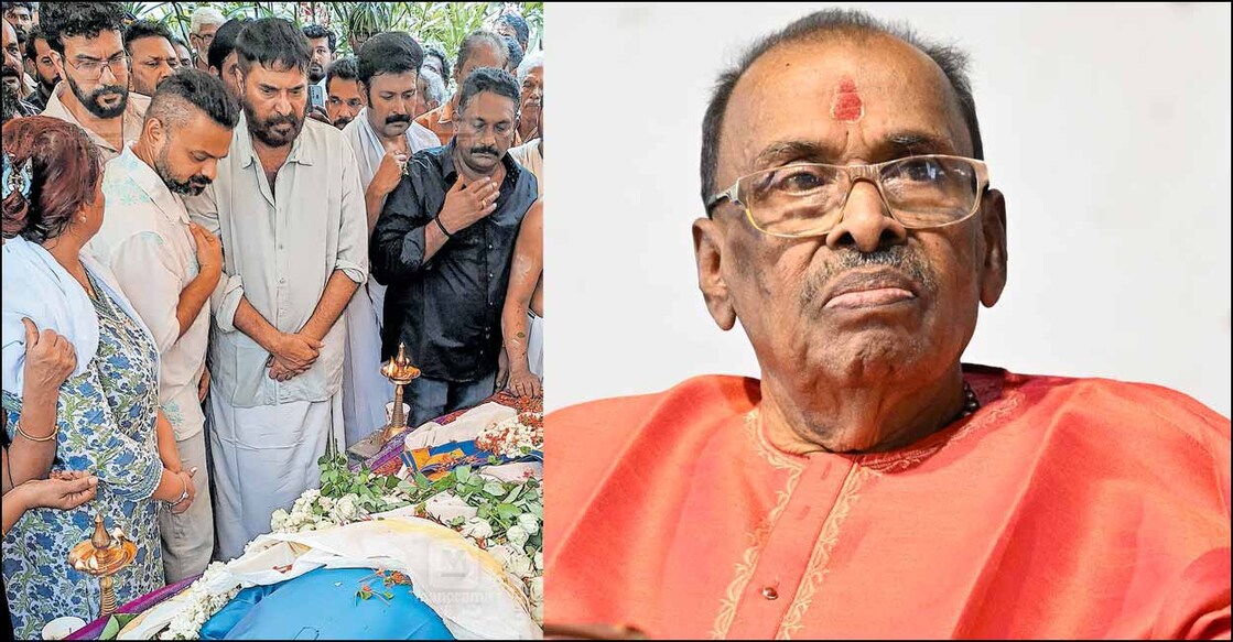 kg-jayan-homage അന്തരിച്ച സംഗീതജ്ഞൻ കെ.ജി. ജയന് പ്രണാമം അർപ്പിക്കാൻ തൃപ്പൂണിത്തുറയിലെ വസതിയിലെത്തിയ മമ്മൂട്ടി, കുഞ്ചാക്കോ ബോബൻ, രമേശ് പിഷാരടി എന്നിവർ. മനോജ് കെ. ജയൻ, ഭാര്യ ആശ തുടങ്ങിയവർ സമീപം. ചിത്രം: മനോരമ