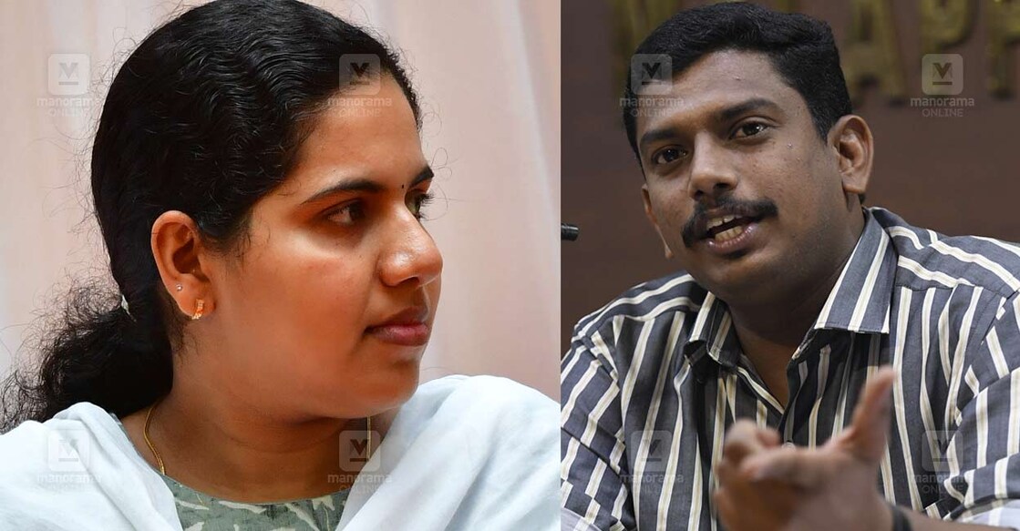 ആര്യ രാജേന്ദ്രൻ (ഇടത്), സച്ചിൻ ദേവ് (വലത്). (ഫയൽ ചിത്രങ്ങൾ ∙ മനോരമ)