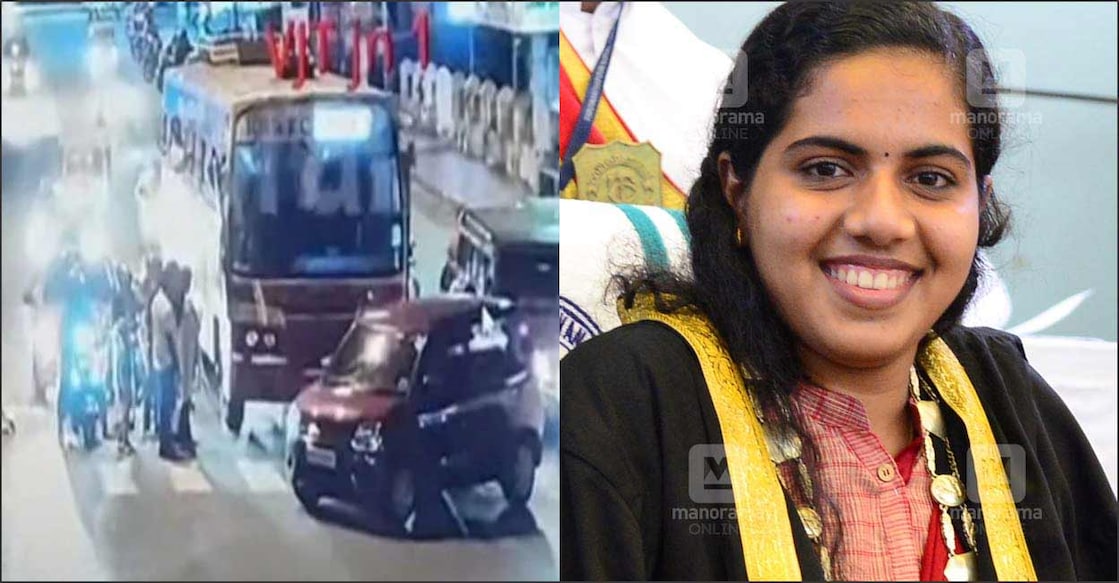 (1) ആര്യ രാജേന്ദ്രൻ സഞ്ചരിച്ച കാർ പാളയം സാഫല്യം കോംപ്ലക്സിനു മുന്നിൽ കെഎസ്ആർടിസി ബസ് തടയുന്നു. (2) ആര്യ രാജേന്ദ്രന്‍ (ഫയൽ ചിത്രം: റിങ്കുരാജ് മട്ടാഞ്ചേരിയിൽ ∙ മനോരമ)