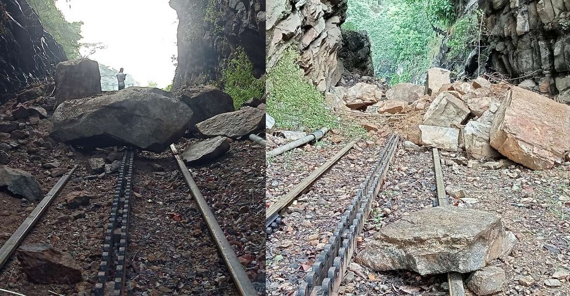 ooty-train-1805 ഊട്ടിയിൽ റെയിൽപ്പാളത്തിലേക്ക് മണ്ണിടിഞ്ഞ് വീണുണ്ടായ അപകടം. ചിത്രം: ANI