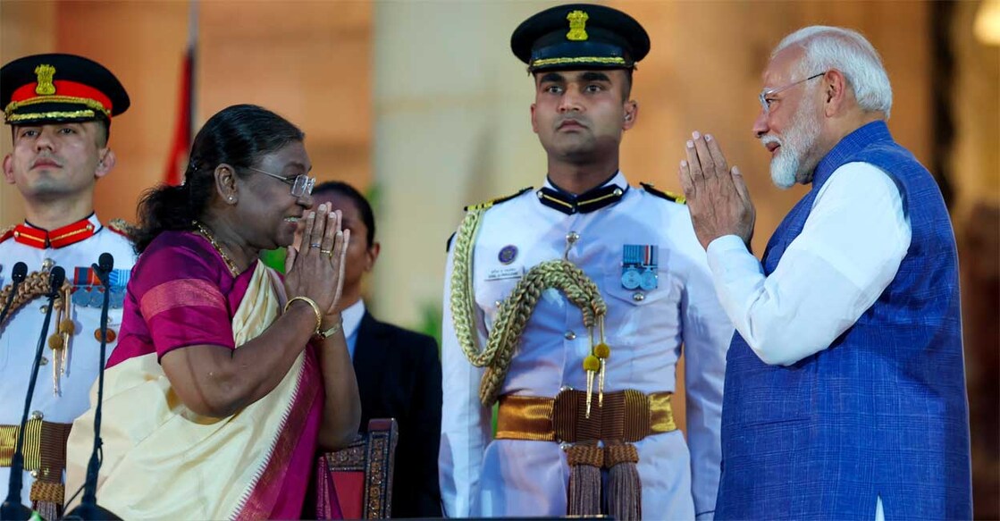 സത്യപ്രതിജ്ഞാ ചടങ്ങിനിടെ രാഷ്ട്രപതി ദ്രൗപതി മുർമുവിനൊപ്പം പ്രധാനമന്ത്രി നരേന്ദ്ര മോദി (പിടിഐ ചിത്രം)