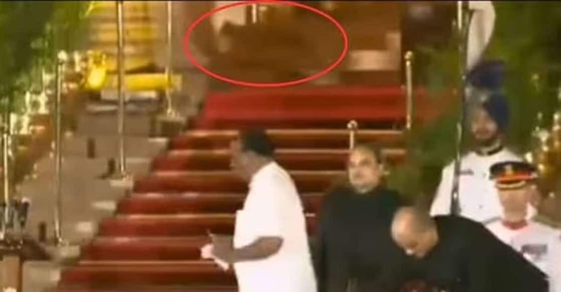 animal-at-rashtrapati-bhavan രാഷ്ട്രപതിഭവൻ അങ്കണത്തിൽ നടന്ന സത്യപ്രതിജ്ഞച്ചടങ്ങിനിടെ പിന്നിലൂടെ കടന്നുപോകുന്ന ജീവി. (വിഡിയോ ദൃശ്യത്തിൽനിന്ന്)