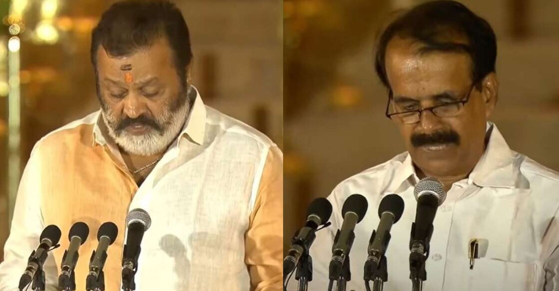 കേന്ദ്രമന്ത്രിയായി സത്യപ്രതിജ്ഞ ചെയ്യുന്ന സുരേഷ് ഗോപിയും ജോർജ് കുര്യനും. ചിത്രം: X/@PIBTvpm