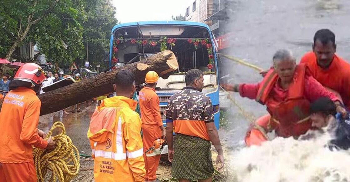 കനത്ത മഴയിലും കാറ്റിലും എടവണ്ണപ്പാറ - കോഴിക്കോട് റോഡിൽ ഓടുന്ന ബസ്സിനു മുകളിൽ വീണ മരം മുറിച്ചുമാറ്റുന്നു, പാലക്കാട് ചിറ്റൂർ പുഴയിൽ കുടുങ്ങിയവര്‍ക്കായുള്ള രക്ഷാപ്രവർത്തനത്തിനിടെ