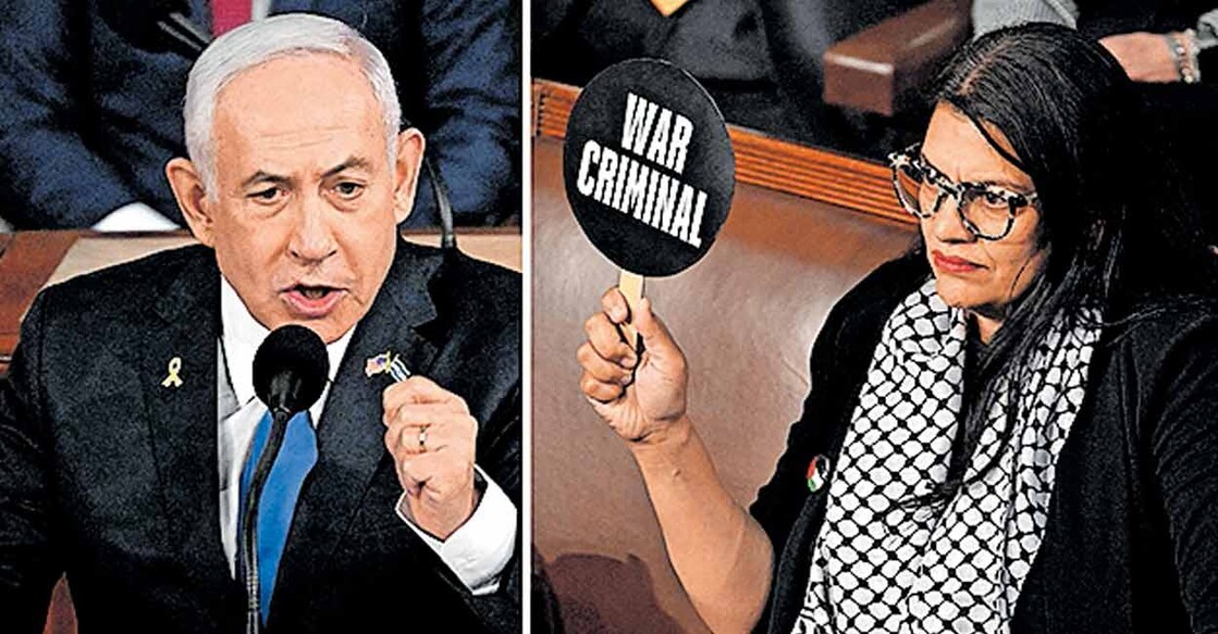 benjamin-netanyahu 1) യുഎസ് കോൺഗ്രസിന്റെ സംയുക്തസമ്മേളനത്തിൽ ഇസ്രയേൽ പ്രധാനമന്ത്രി ബെന്യാമിൻ നെതന്യാഹു പ്രസംഗിക്കുന്നു. 2) മിഷിഗണിൽ നിന്നുള്ള ഡെമോക്രാറ്റിക് പാർട്ടി ജനപ്രതിനിധിസഭാംഗം റഷീദ താലിബ് നെതന്യാഹുവിന്റെ പ്രസംഗത്തിനിടെ പ്രതിഷേധിക്കുന്നു.