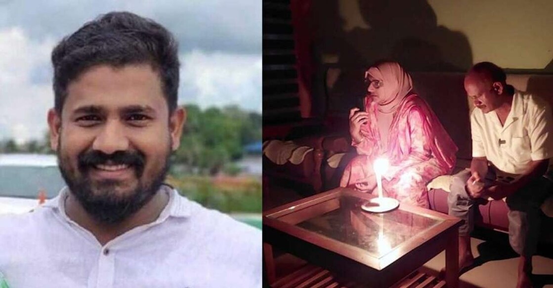 പ്രതി അജ്മൽ (ഇടത്), വീട്ടിലെ വൈദ്യൂതി ബന്ധം  വിച്ഛേദിച്ചതിനെ തുടർന്ന് മെഴുകുതിരി വെട്ടത്തിലിരിക്കുന്ന അജ്‌മലിന്റെ മാതാപിതാക്കൾ (വലത്)